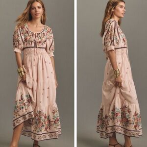 NWT Anthropologie Somerset Puff-Sleeve Maxi Dress Pink Floral Size Small S